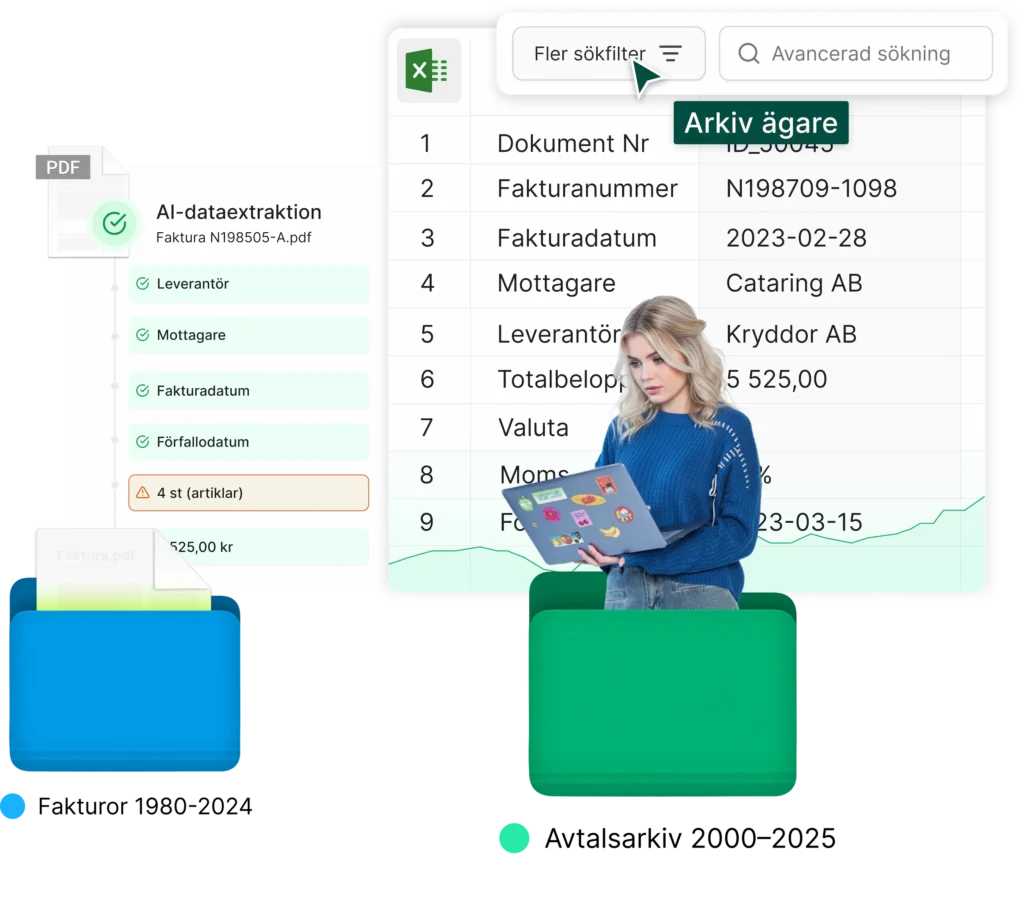 Från arkivkaos till validerade beslut AI-driven dataextraktion från PDF-fakturor och avtalsdata med 95,5% träffsäkerhet*. Anpassad för svenska revisionsbyråer och företag med stora dokumentvolymer och rollbaserad åtkomst.